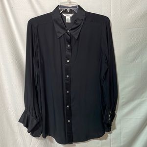 Richard Malcolm EUC 2x 100% silk black button down blouse with satin accents